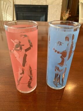 Vintage mid century frosted Tom Collins hi-ball glasses (set of 2) pink & blue